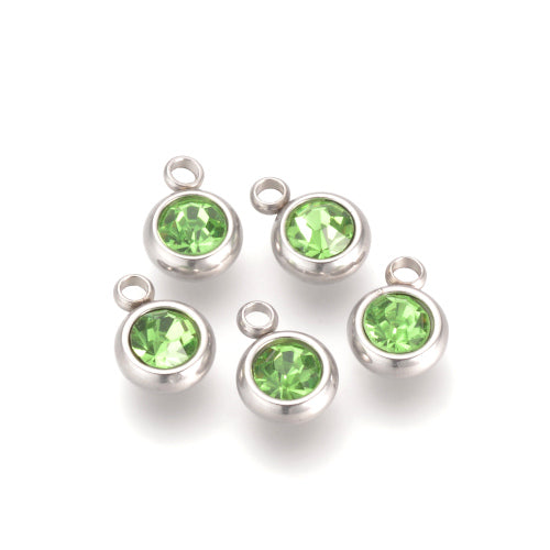 Charms, 201 Stainless Steel, Rhinestone Charms, Flat, Round, August Birthstone, Peridot, 8.5mm - BEADED CREATIONS