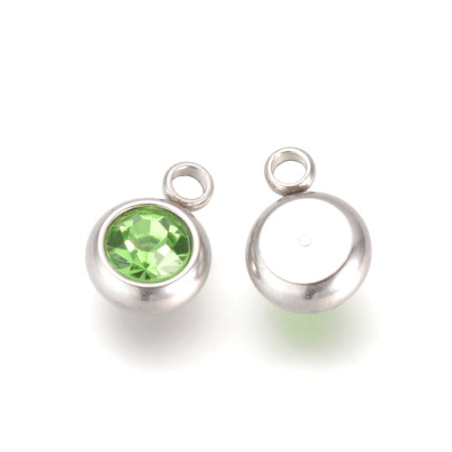 Charms, 201 Stainless Steel, Rhinestone Charms, Flat, Round, August Birthstone, Peridot, 8.5mm - BEADED CREATIONS