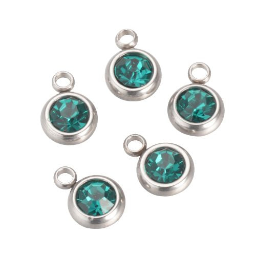 Charms, 201 Stainless Steel, Rhinestone Charms, Flat, Round, December Birthstone, Blue Zircon, 8.5mm - BEADED CREATIONS