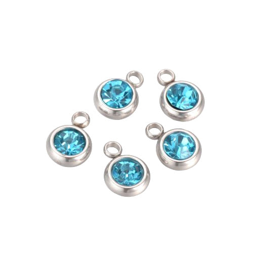Charms, 201 Stainless Steel, Rhinestone Charms, Flat, Round, March Birthstone, Aquamarine, 8.5mm - BEADED CREATIONS