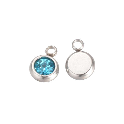 Charms, 201 Stainless Steel, Rhinestone Charms, Flat, Round, March Birthstone, Aquamarine, 8.5mm - BEADED CREATIONS