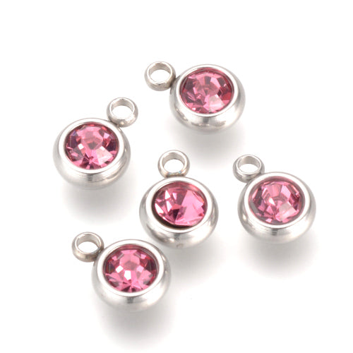 Charms, 201 Stainless Steel, Rhinestone Charms, Flat, Round, October Birthstone, Tourmaline, 8.5mm - BEADED CREATIONS