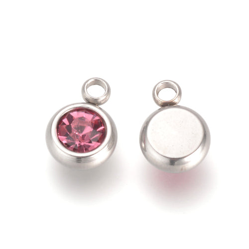Charms, 201 Stainless Steel, Rhinestone Charms, Flat, Round, October Birthstone, Tourmaline, 8.5mm - BEADED CREATIONS