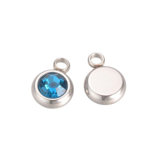 Charms, 201 Stainless Steel, Rhinestone Charms, Flat, Round, September Birthstone, Sapphire, 8.5mm - BEADED CREATIONS