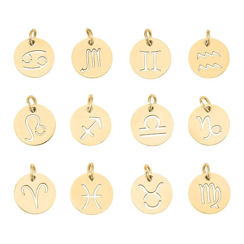 Charms, 201 Stainless Steel, Zodiac Signs, Laser-Cut, Flat, Round, With Jump Ring, Golden, 12mm - BEADED CREATIONS