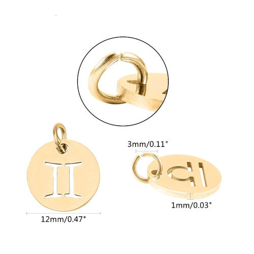 Charms, 201 Stainless Steel, Zodiac Signs, Laser-Cut, Flat, Round, With Jump Ring, Golden, 12mm - BEADED CREATIONS