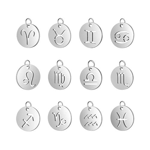 Charms, 201 Stainless Steel, Zodiac Signs, Laser-Cut, Flat, Round, With Jump Ring, Silver Tone, 12mm - BEADED CREATIONS