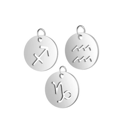 Charms, 201 Stainless Steel, Zodiac Signs, Laser-Cut, Flat, Round, With Jump Ring, Silver Tone, 12mm - BEADED CREATIONS