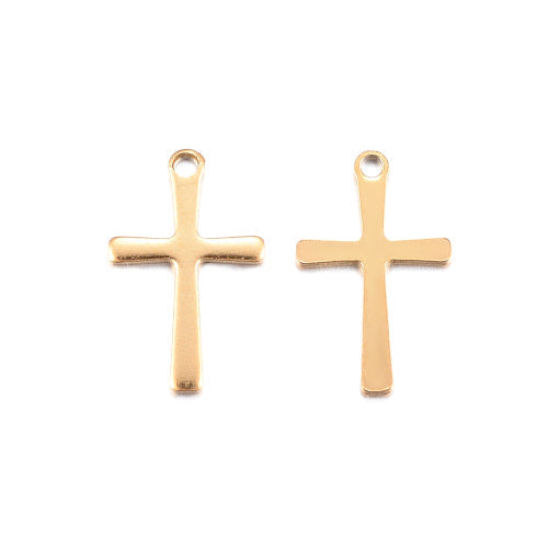 Charms, 304 Stainless Steel, Cross, Single-Sided, Gold Plated, 15.5mm - BEADED CREATIONS