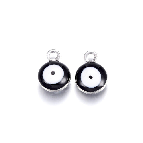 Charms, 304 Stainless Steel, Enamel Charms, Flat, Round, With Evil Eye, Black, Enamel, Silver Tone, 6mm - BEADED CREATIONS