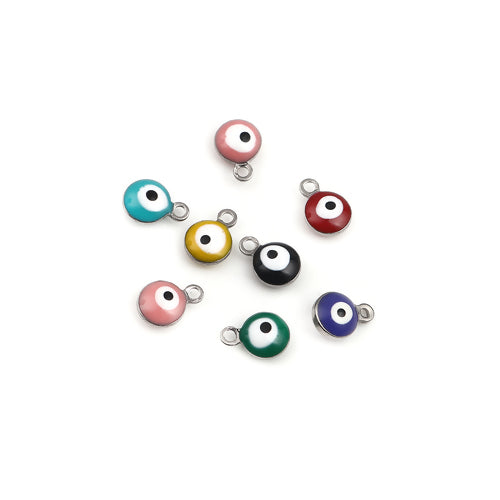 Charms, 304 Stainless Steel, Evil Eye, Nazar, Round, Double-Sided, Silver Tone, Assorted, Enameled, 9mm - BEADED CREATIONS