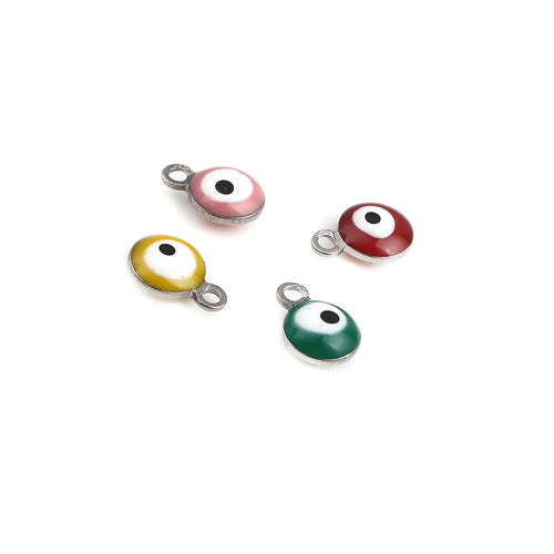 Charms, 304 Stainless Steel, Evil Eye, Nazar, Round, Double-Sided, Silver Tone, Assorted, Enameled, 9mm - BEADED CREATIONS