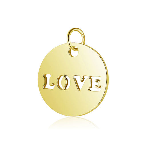 Charms, 304 Stainless Steel, Flat, Round, With Word LOVE, Golden, 12mm - BEADED CREATIONS