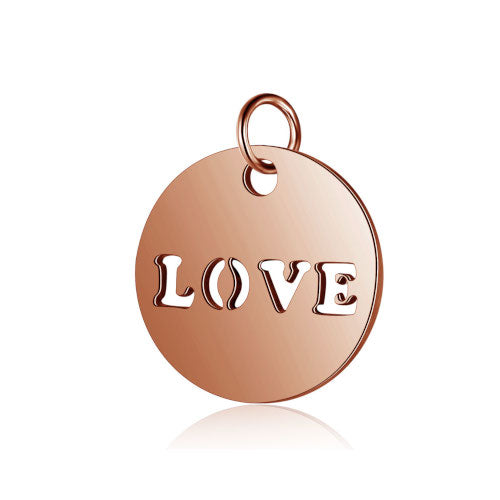 Charms, 304 Stainless Steel, Flat, Round, With Word LOVE, Rose Gold, 12mm - BEADED CREATIONS