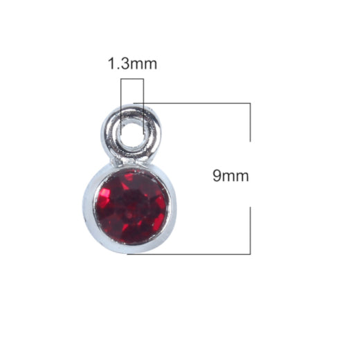 Charms, Alloy, Rhinestone Birthstone Charms, Flat, Round, 9mm, Dark Red, January - BEADED CREATIONS
