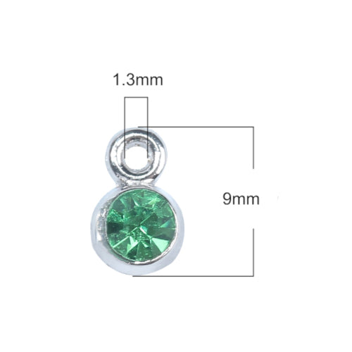 Charms, Alloy, Rhinestone Birthstone Charms, Flat, Round, 9mm, Green, August - BEADED CREATIONS
