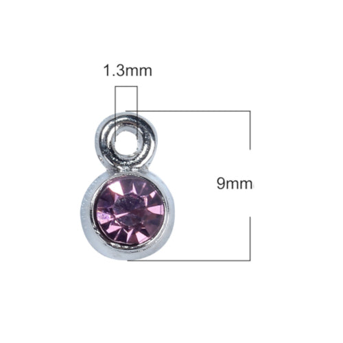 Charms, Alloy, Rhinestone Birthstone Charms, Flat, Round, 9mm, Mauve, June - BEADED CREATIONS