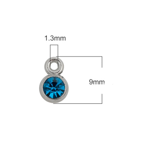 Charms, Alloy, Rhinestone Birthstone Charms, Flat, Round, 9mm, Peacock Blue, December - BEADED CREATIONS