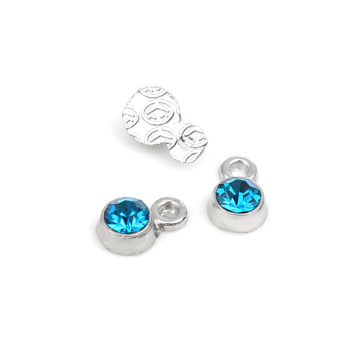 Charms, Alloy, Rhinestone Birthstone Charms, Flat, Round, 9mm, Peacock Blue, December - BEADED CREATIONS