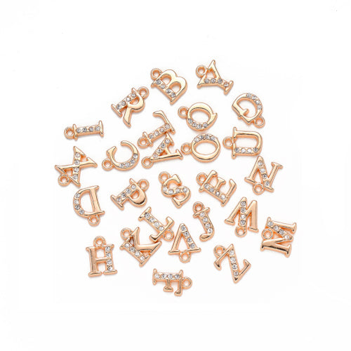 Charms, Alphabet, Capital Letters, A-Z, Crystal Rhinestones, Light Gold, Alloy, 12.5-13.5mm - BEADED CREATIONS