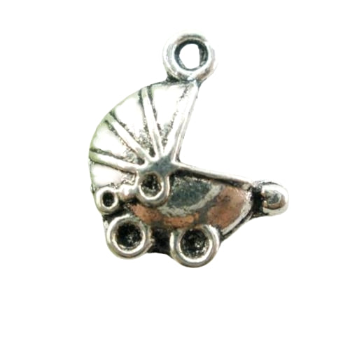Charms, Baby Carriage, 3D, Antique Silver, Alloy, 13mm - BEADED CREATIONS