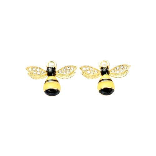 Charms, Bee, Light Gold Plated, Single-Sided, Yellow, Black, Enamel, Crystal Rhinestone Pave, 17mm - BEADED CREATIONS