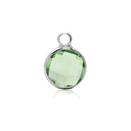 Charms, Bezel, Round, August Birthstone, Silver Tone, Alloy, Light Green, Faceted, Crystal, Glass, 8.6mm - BEADED CREATIONS