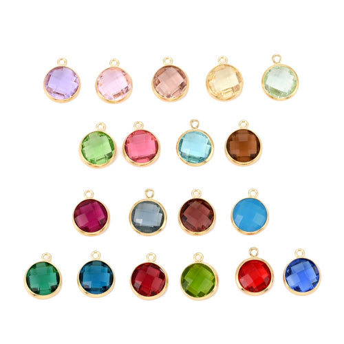 Charms, Bezel, Round, Birthstone, Faceted, Assorted, Crystal, Glass, Gold, Plated, Brass, 7mm - BEADED CREATIONS