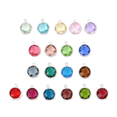 Charms, Bezel, Round, Birthstone, Faceted, Assorted, Crystal, Glass, Platinum, Plated, Brass, 7mm - BEADED CREATIONS