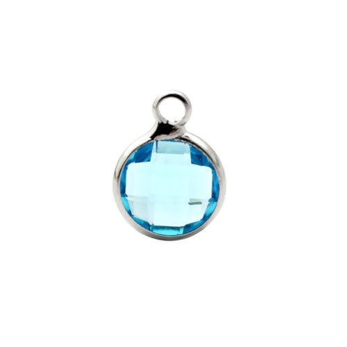 Charms, Bezel, Round, March Birthstone, Silver Tone, Alloy, Aqua Blue, Faceted, Crystal, Glass, 8.6mm - BEADED CREATIONS