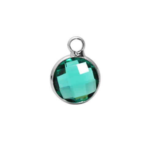Charms, Bezel, Round, May Birthstone, Silver Tone, Alloy, Turquioise Green, Faceted, Crystal, Glass, 8.6mm - BEADED CREATIONS