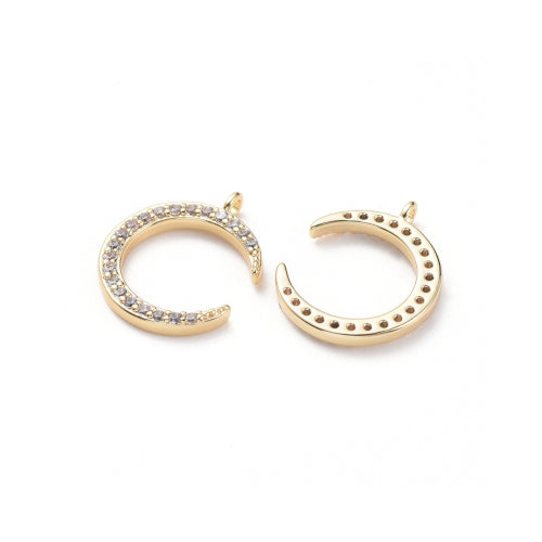 Charms, Brass, Micro Pave Cubic Zirconia Charms, Half Moon, Single-Sided, 18K Gold Plated, 13mm - BEADED CREATIONS