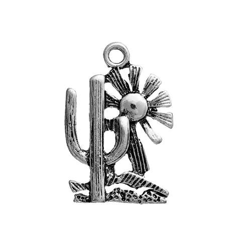Charms, Cactus And Sun, Single Sided, Antique Silver, Alloy, 24mm - BEADED CREATIONS