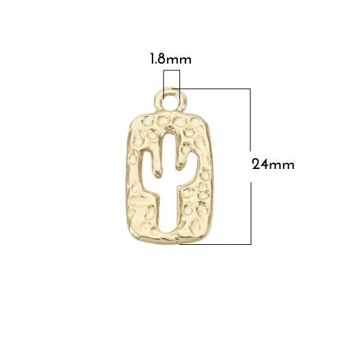 Charms, Cactus, Double-Sided, Rectangle, Openwork, Hammered, Gold Plated, Alloy, 24mm - BEADED CREATIONS