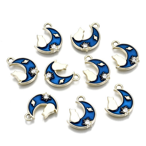 Charms, Cat On Moon, Light Gold, Alloy, Blue, Enamel, Rhinestone, Glitter Powder, 15mm - BEADED CREATIONS