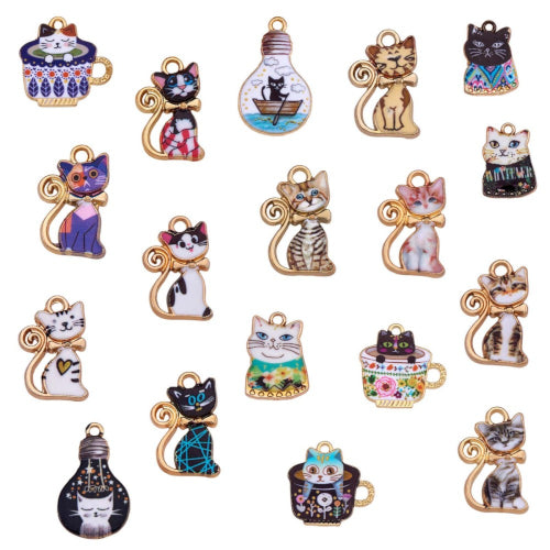 Charms, Cats, Single-Sided, Assorted, Multicolored, Enameled, Gold Plated, Alloy, 19.5-24.5mm - BEADED CREATIONS