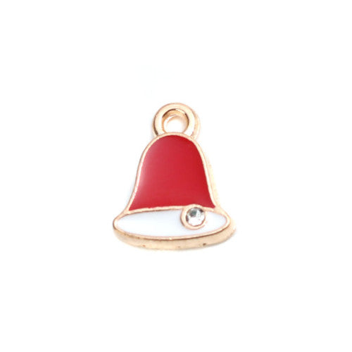 Charms, Christmas Bell, Single-Sided, Red, White, Enameled, Clear Rhinestone, Light Gold Plated, Alloy, 12mm - BEADED CREATIONS