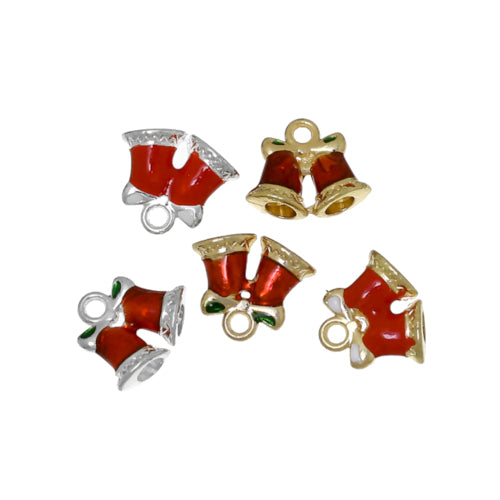 Charms, Christmas Bells With Bow, Double-Sided, Red, Enameled, Assorted, Silver And Gold Plated Alloy, 16mm - BEADED CREATIONS