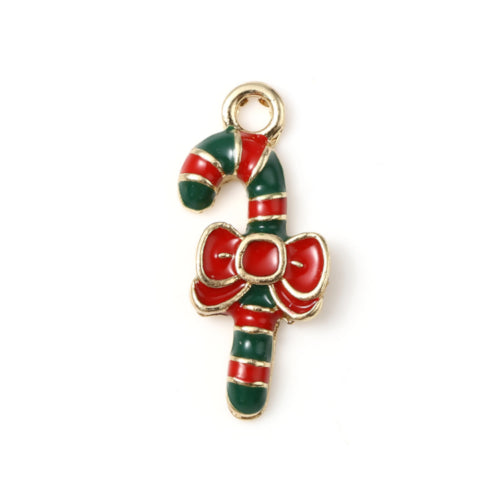 Charms, Christmas Bowknot Candy Cane, Red, Green, Enameled, Light Gold Plated, Alloy, 21mm - BEADED CREATIONS