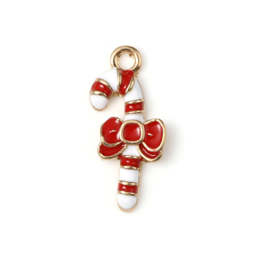Charms, Christmas Bowknot Candy Cane, Red, White, Enameled, Light Gold Plated, Alloy, 21mm - BEADED CREATIONS