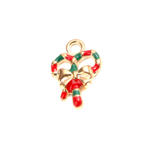Charms, Christmas Candy Cane Heart With Bowknot, Red, Green, Enameled, Light Gold Plated, Alloy, 18mm - BEADED CREATIONS
