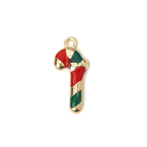 Charms, Christmas Candy Cane, Single-Sided, Red, Green, Enameled, Light Gold Plated, Alloy, 21mm - BEADED CREATIONS