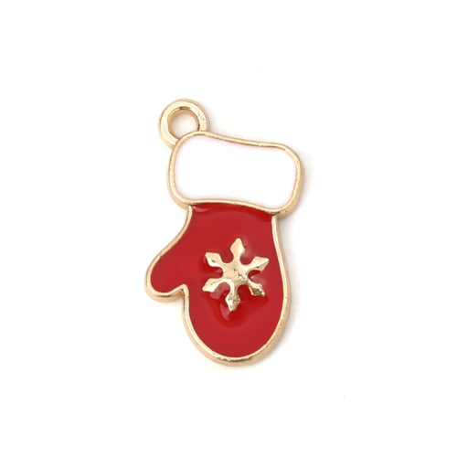 Charms, Christmas Mitten With Snowflake, Single-Sided, Red, White, Enameled, Light Gold Plated, Alloy, 18mm - BEADED CREATIONS