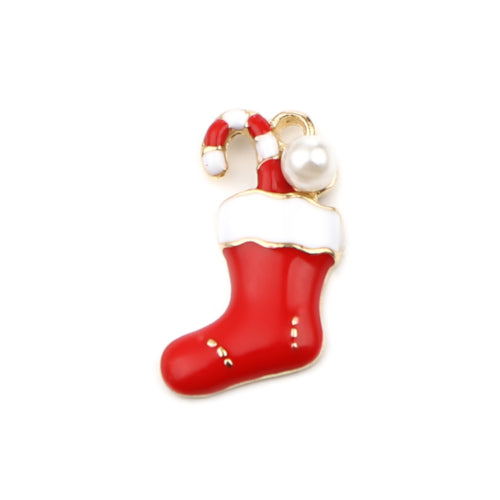 Charms, Christmas Stocking With Candy Cane, Single-Sided, White, Red, Enameled, Faux Pearl, Light Gold Plated, 19mm - BEADED CREATIONS