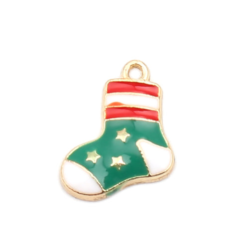 Charms, Christmas Stocking, Single-Sided, Gold Plated, Multicolored, Enamel, 15mm - BEADED CREATIONS