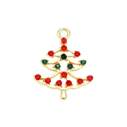 Charms, Christmas Theme, Christmas Tree, Single-Sided, Red, Green, Rhinestones, Gold Plated, Alloy - BEADED CREATIONS