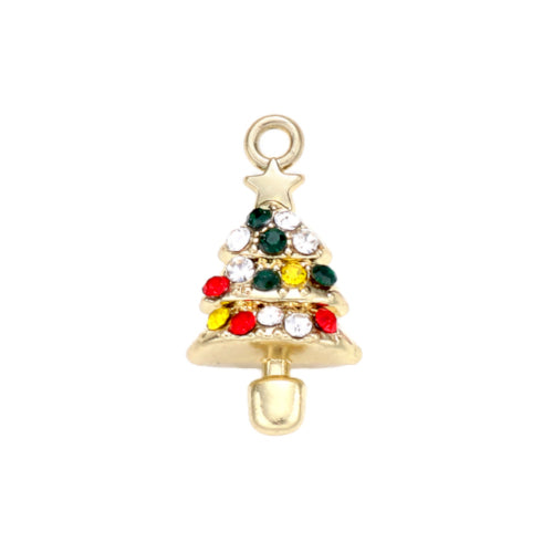 Charms, Christmas Theme, Gold Christmas Tree With Star, Single-Sided, Multicolored, Enamel, Rhinestones, Gold Plated, Alloy - BEADED CREATIONS