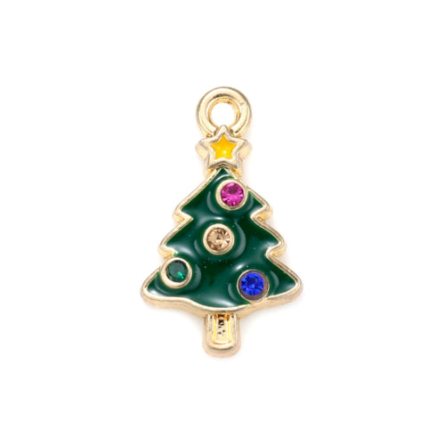 Charms, Christmas Theme, Green Christmas Tree, Single-Sided, Multicolored, Enamel, Rhinestones, Gold Plated, Alloy - BEADED CREATIONS