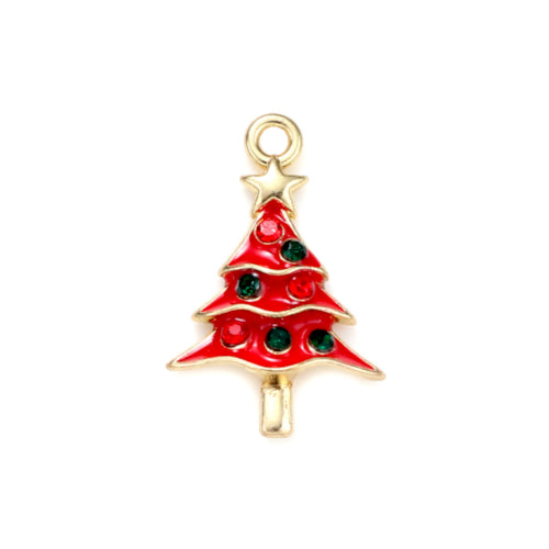 Charms, Christmas Theme, Red Christmas Tree, Single-Sided, Multicolored, Enamel, Rhinestones, Gold Plated, Alloy - BEADED CREATIONS