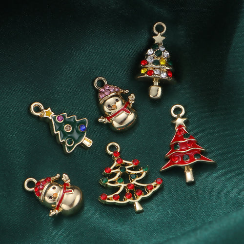 Charms, Christmas Theme, Single-Sided, Multicolored, Enamel, Rhinestones, Gold Plated, Alloy - BEADED CREATIONS
